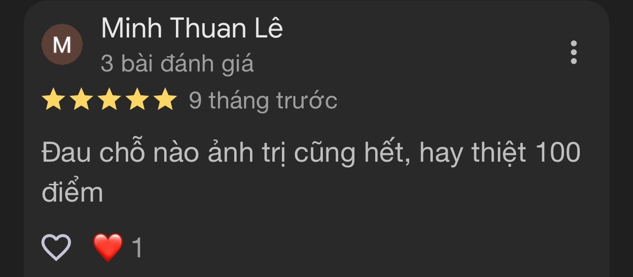 Ảnh chụp đánh giá Google 5 sao của khách hàng sau khi được tư vấn và trị liệu tại Zheng Sports